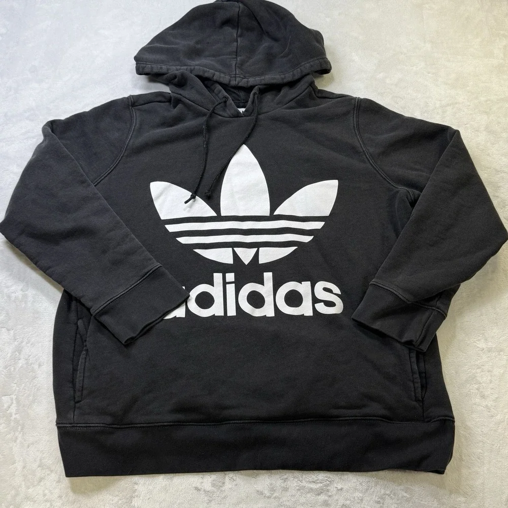 Adidas‎ Trefoil Hoodie Black Big Logo Pullover Sweatshirt XL
